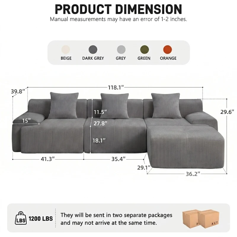 Modern Modular Compressed Sofa with Movable Ottoman, Memory-Foam Corner Couch for Apartments and Bedrooms, 118"L x 39.5"W x 29.5"H, Dark Gray