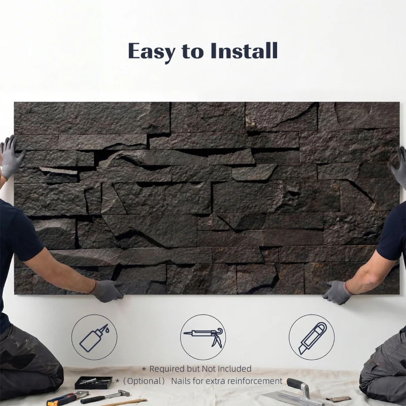 HOMCOM 8-Pack 3D Faux Stone Wall Panels, Lightweight Polyurethane Panels for Interior and Exterior Accent Walls, Black
