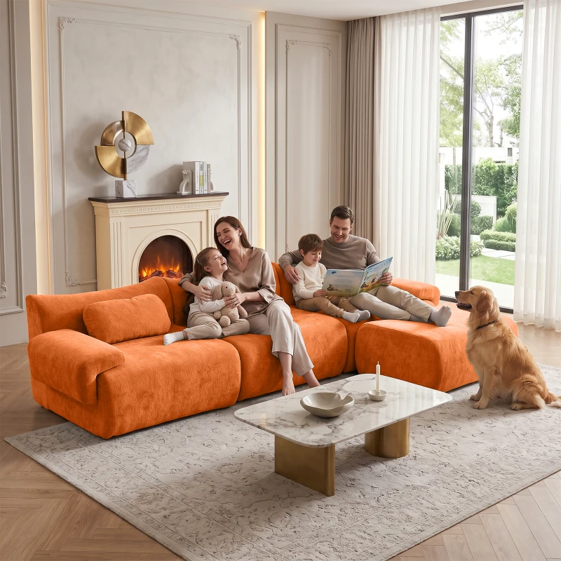 L-Shaped Compressed Sofa with High-Density Chenille Fabric and Supportive Backrests, Stylish Couch with Boneless Construction, 126"L x 68.5"W x 32"H, Orange