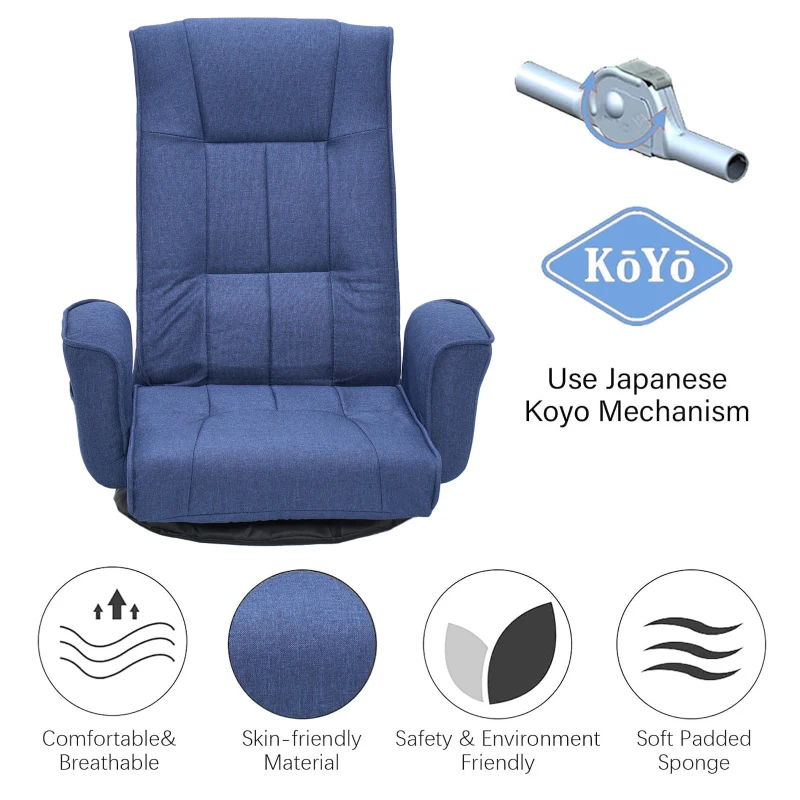 Swivel Floor Chair with 14-Angle Adjustable Backrest, Versatile Floor Lounger for Gaming, Meditation, and TV Watching, 18"L x 18.5"W x 30.5"H, Blue
