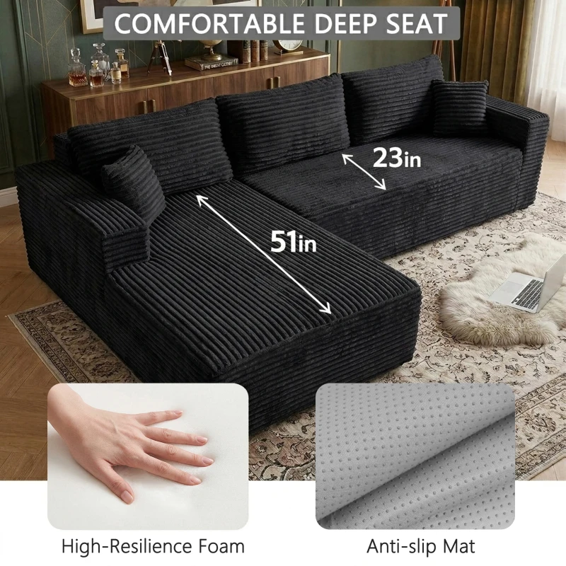 Cozy L-Shaped Compressed Sofa with 1400 lbs Weight Capacity and Cloud-Like Memory Foam, Spacious Couch for Big Families, 108"L x 68"W x 33"H, Black