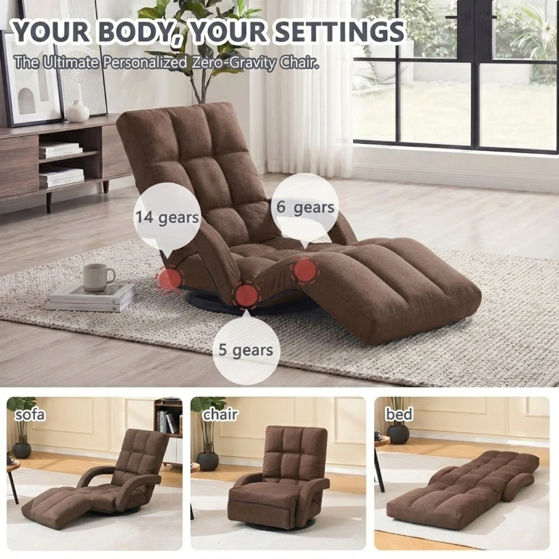 Swivel Gaming Chair with Adjustable Footrest, Ideal Floor Lounger for Living Room, Bedroom, or Gaming Setup, 20.5"L x 39.5"W x 26"H, Brown