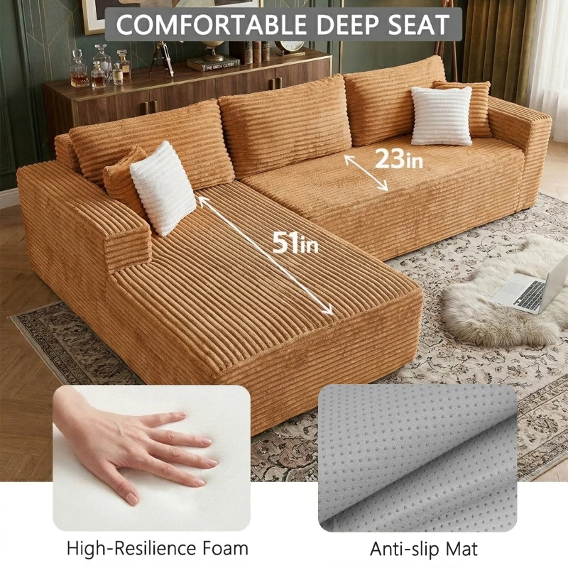 Cozy L-Shaped Compressed Sofa with 1400 lbs Weight Capacity and Cloud-Like Memory Foam, Spacious Couch for Big Families, 108"L x 68"W x 33"H, Brown