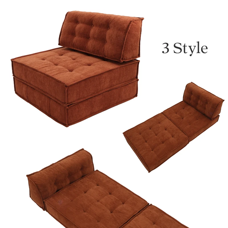 Versatile Modular Sofa Bed with Water-Resistant Velvet Fabric, Convertible Sleeper Couch for Living Rooms,  40" L x 40" W x 24.5" H, Reddish Brown