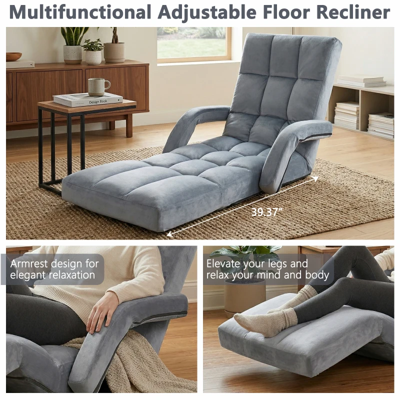 Folding Floor Chair with 14 Precision Adjustment Levels, Practical Floor Lounger for Reading, Gaming, or Relaxing, 20.5"L x 39.5"W x 25.5"H, Gray