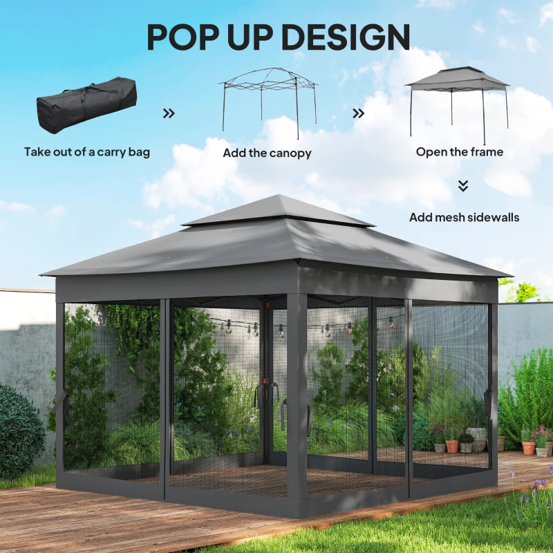 Outsunny 11' x 11' Pop Up Gazebo 2-Tier Soft Top Shelter Event Tent w/ Netting Carry Bag for Patio Backyard Garden, Dark Grey