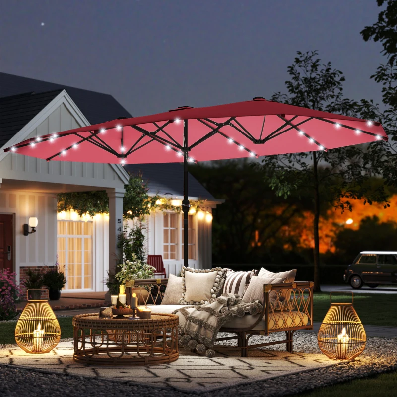 Outsunny 173.2" Double-Sided Sun Umbrella Garden Parasol Patio Sun Shade Outdoor with LED Solar Light, No Base Included, Wine Red