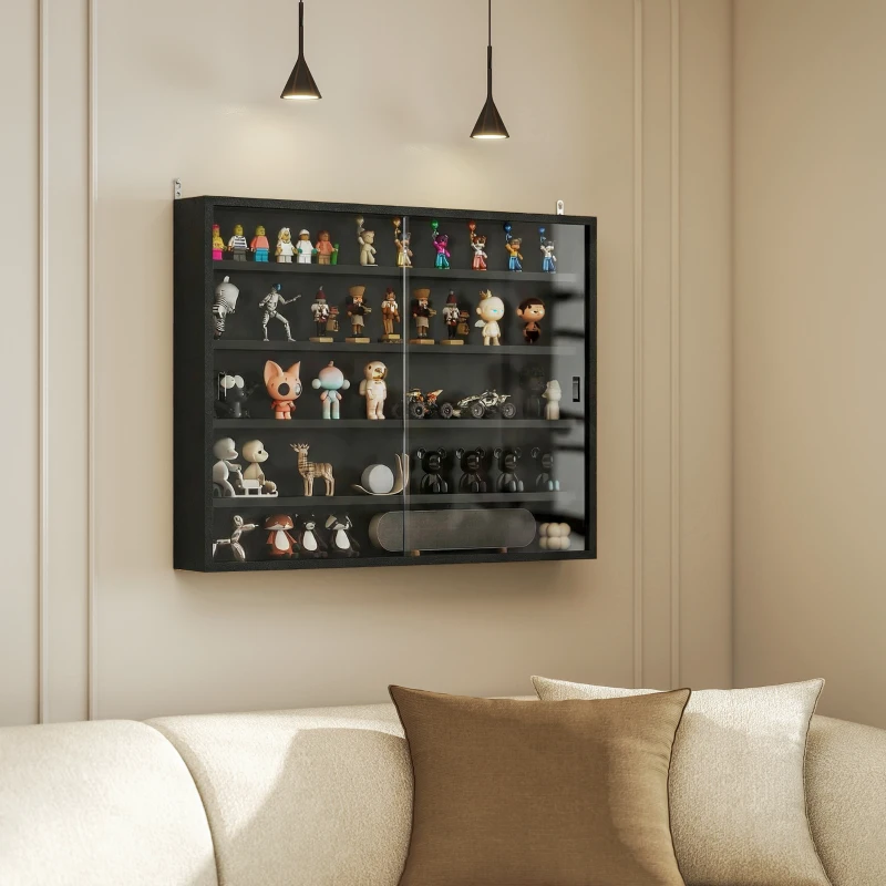 HOMCOM 5-Tier Display Cabinet, Wall-Mounted Display Case with 2 Glass Doors and Adjustable Shelves, Jet Black