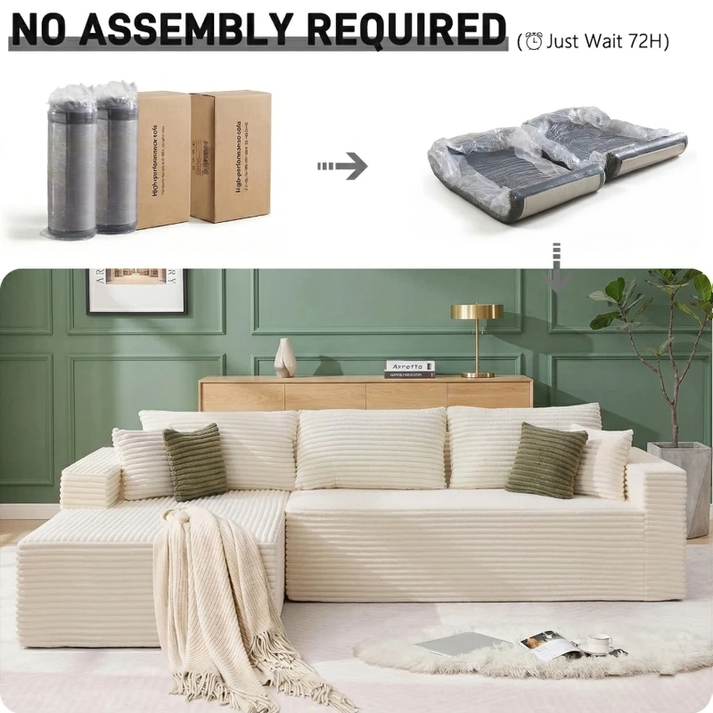 Cozy L-Shaped Compressed Sofa with 1400 lbs Weight Capacity and Cloud-Like Memory Foam, Spacious Couch for Big Families, 108"L x 68"W x 33"H, White