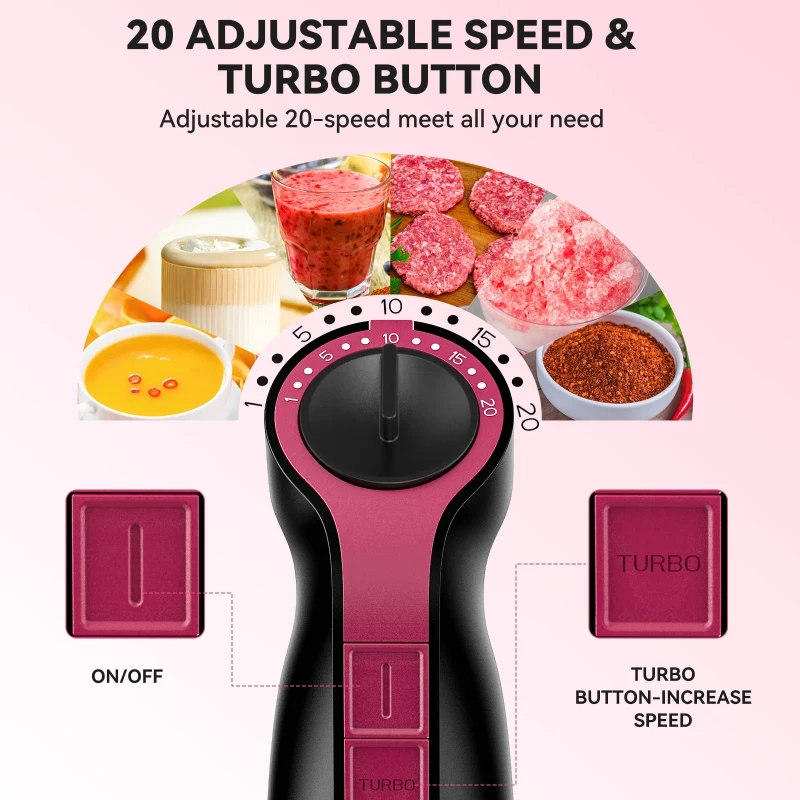 Powerful 1000W 5-in-1 Immersion Hand Blender with 20 Speeds, Multi-Purpose Stick Mixer for Home Kitchens, 2.5" L x 2.5" W x 16" H, Black