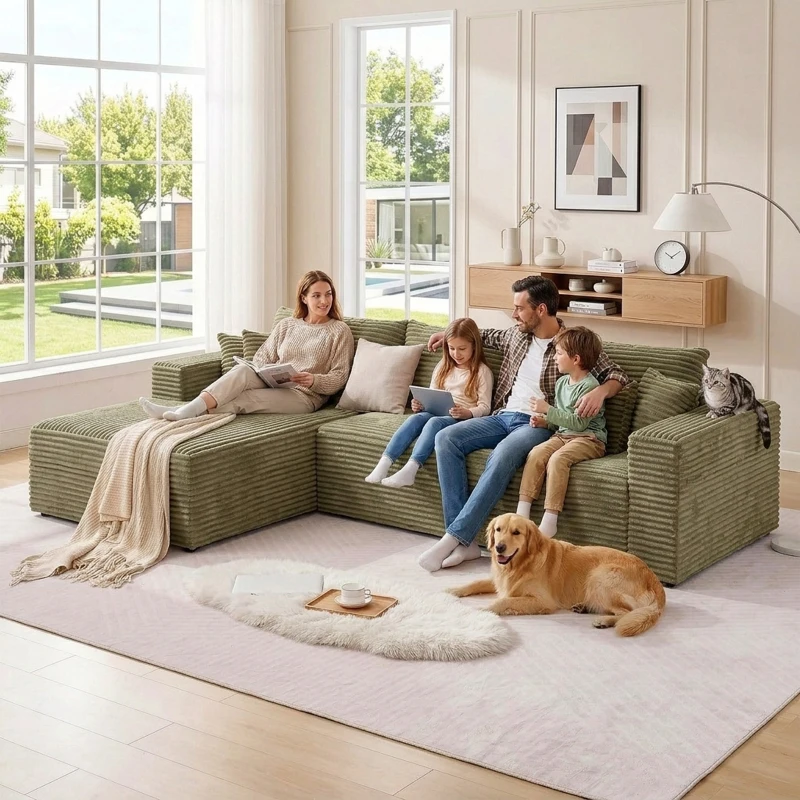 Cozy L-Shaped Compressed Sofa with 1400 lbs Weight Capacity and Cloud-Like Memory Foam, Spacious Couch for Big Families, 108"L x 68"W x 33"H, Green