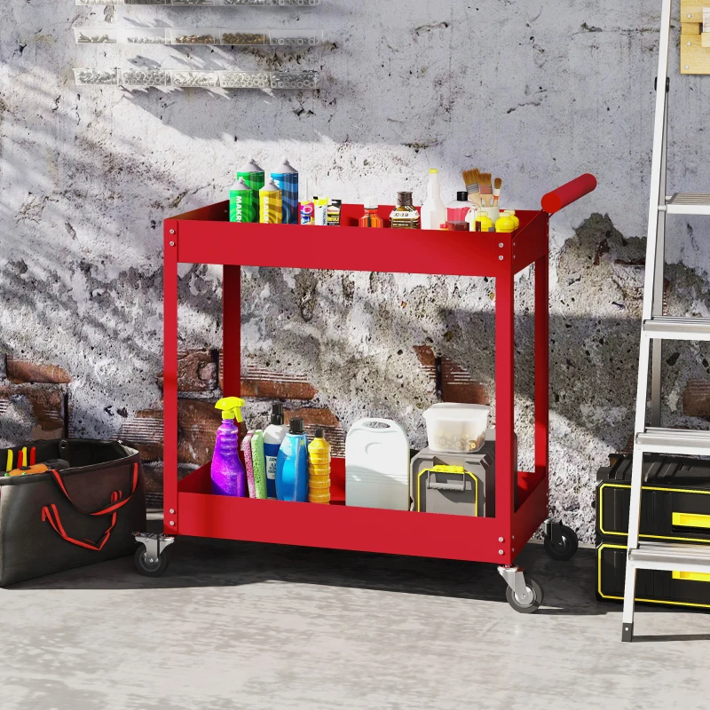 DURHAND Rolling Tool Cart, 2 Tier Mobile Service Utility Cart with Wheels, Red