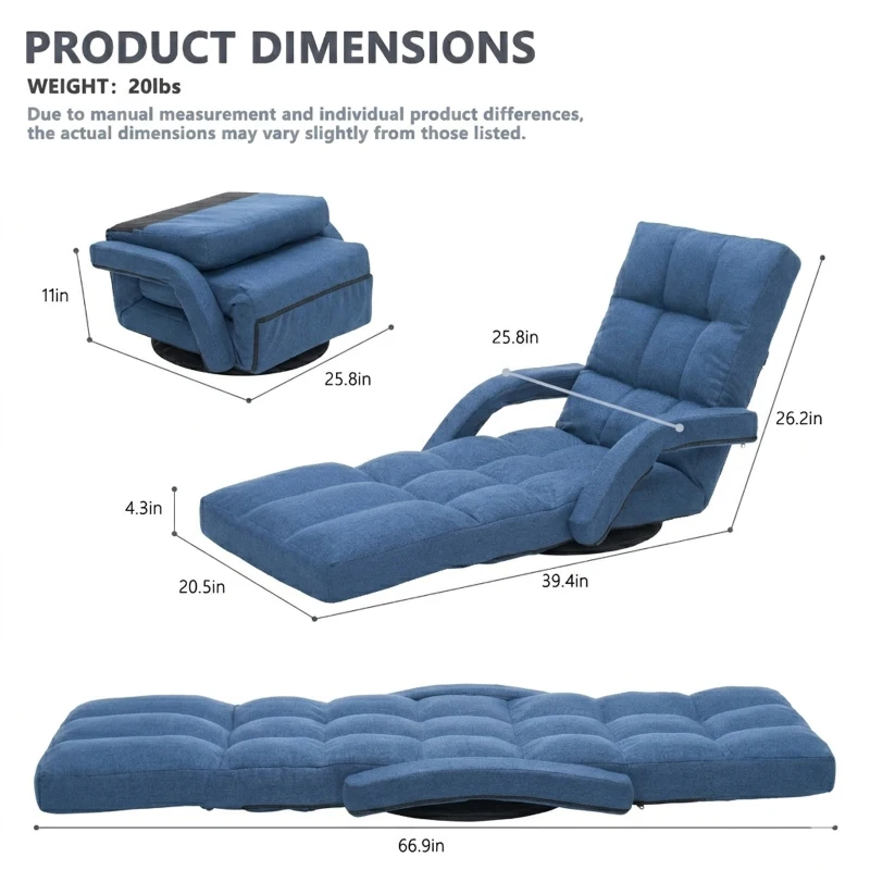 Swivel Gaming Chair with Adjustable Footrest, Ideal Floor Lounger for Living Room, Bedroom, or Gaming Setup, 20.5"L x 39.5"W x 26"H, Blue