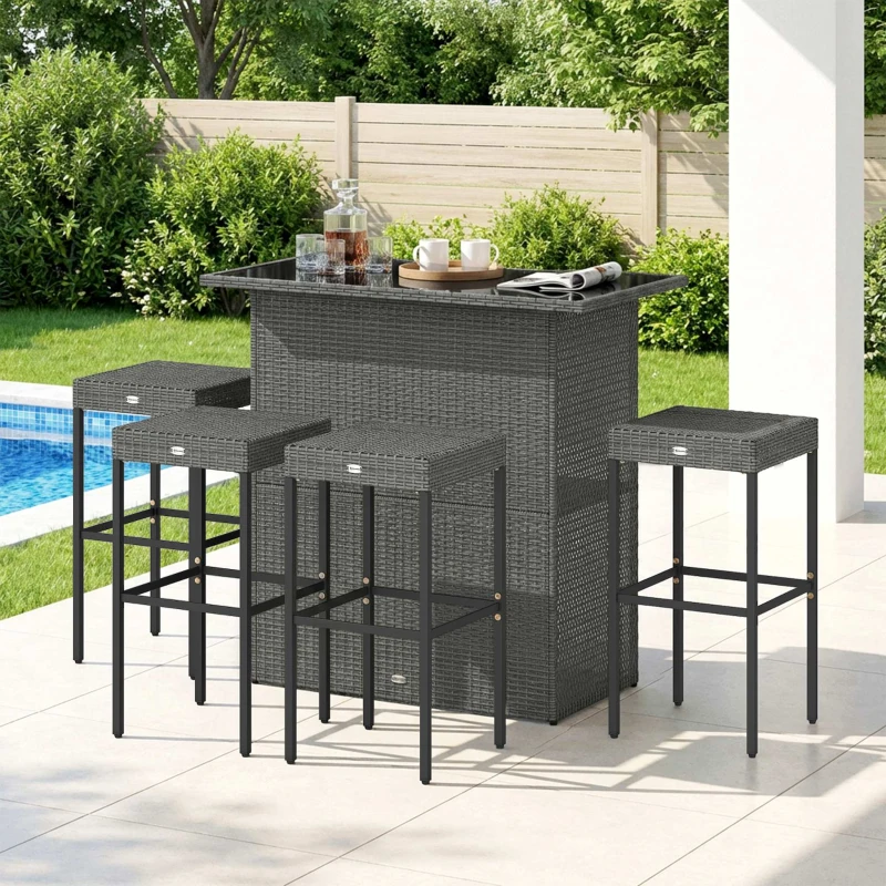 Outsunny 5 Piece Rattan Wicker Bar Set, High Top Outdoor Table and Chairs, Bar Height Patio Set, 2 Shelves & 4 Bar Stools, Gray