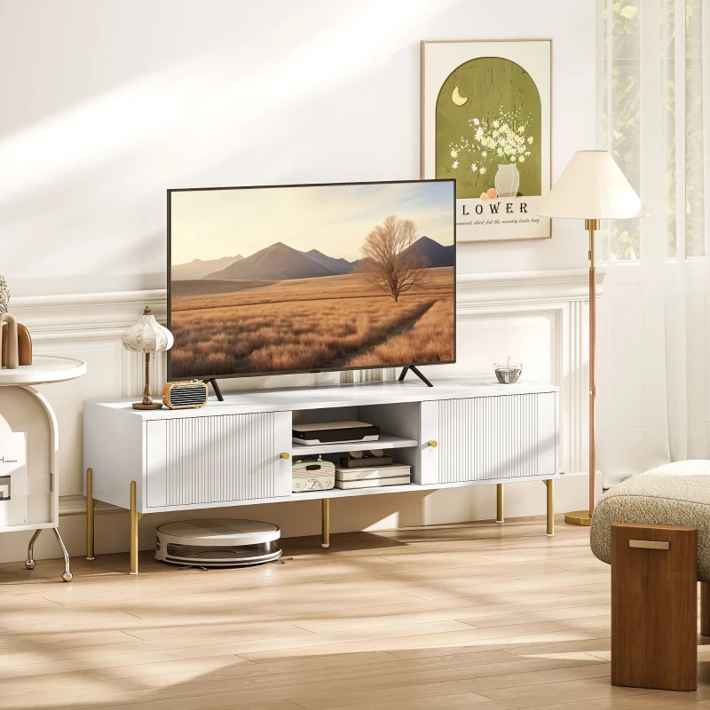 HOMCOM TV Stand for TVs up to 65", Entertainment Center with 2 Open Shelves, 2 Cabinets and Steel Legs for Living Room, White