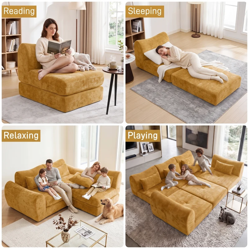 Cozy Compressed Sofa with Customizable Modular Layouts, Flexible Bed Couch for Both Compact and Spacious Spaces, 101.5"L x 36.5"W x 28.5"H, Yellow
