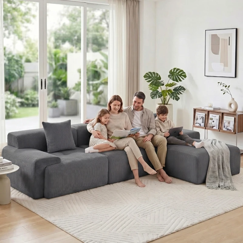 Modern Modular Compressed Sofa with Movable Ottoman, Memory-Foam Corner Couch for Apartments and Bedrooms, 118"L x 39.5"W x 29.5"H, Dark Gray