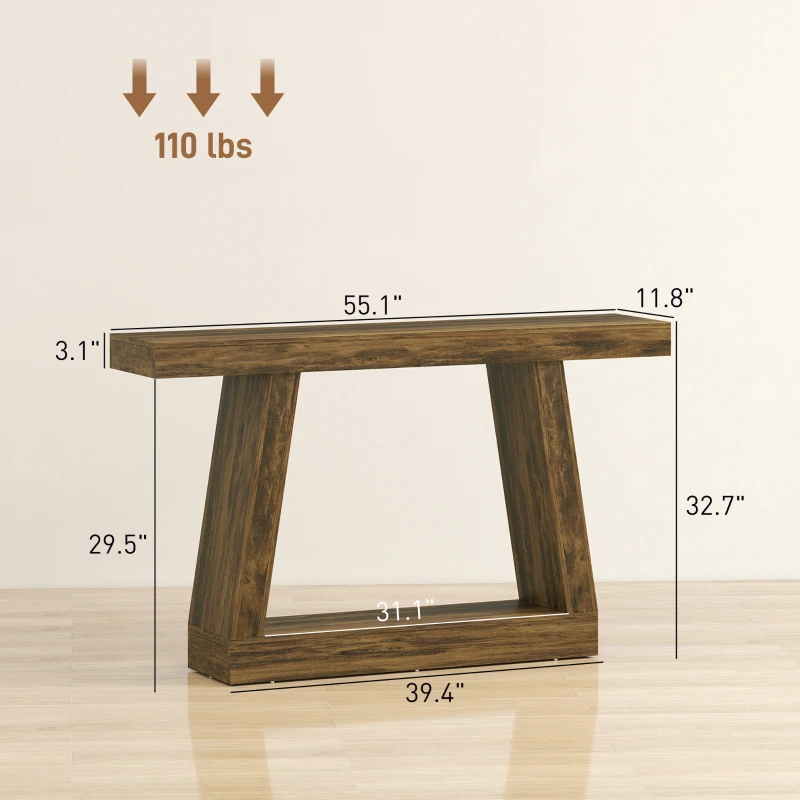 HOMCOM 55" Farmhouse Console Table, 2-Tier Entryway Table with Storage for Hallway, Living Room, Behind Couch, Rustic Brown
