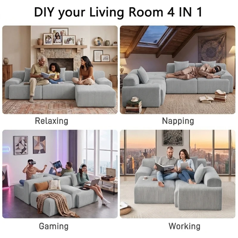 Modern Modular Compressed Sofa with Movable Ottoman, Memory-Foam Corner Couch for Apartments and Bedrooms, 118"L x 39.5"W x 29.5"H, Light Gray