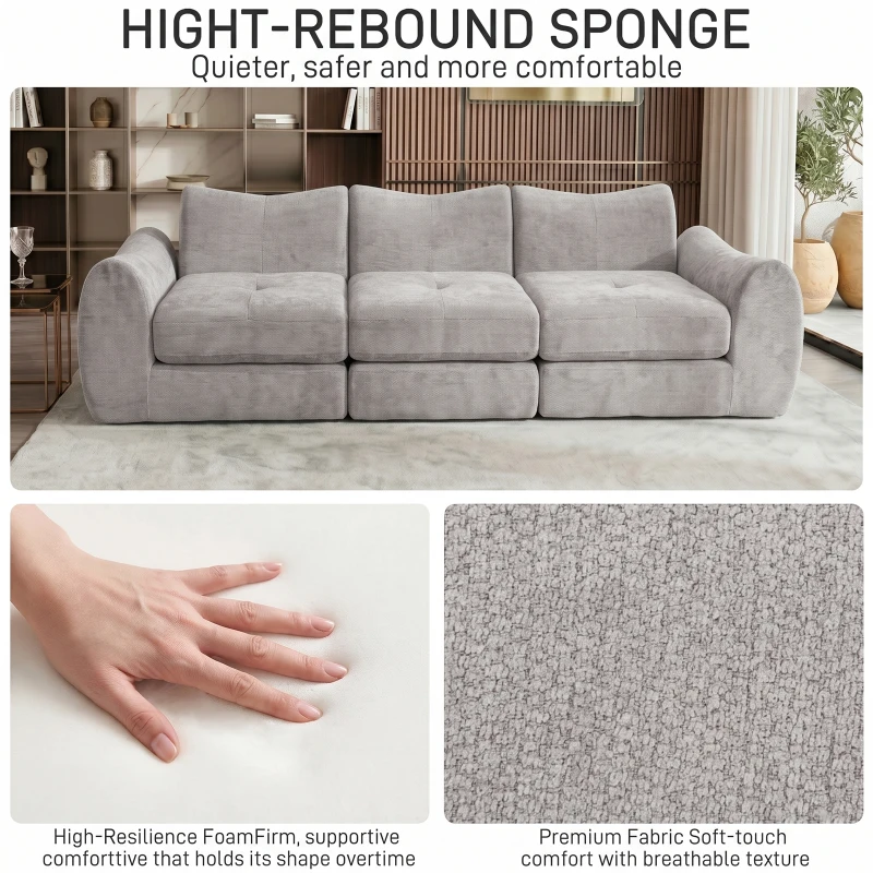 Cozy Compressed Sofa with Customizable Modular Layouts, Flexible Bed Couch for Both Compact and Spacious Spaces, 101.5"L x 36.5"W x 28.5"H, Gray