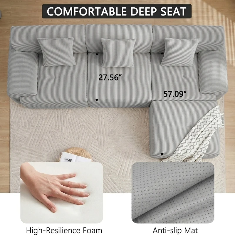 Modern Modular Compressed Sofa with Movable Ottoman, Memory-Foam Corner Couch for Apartments and Bedrooms, 118"L x 39.5"W x 29.5"H, Light Gray