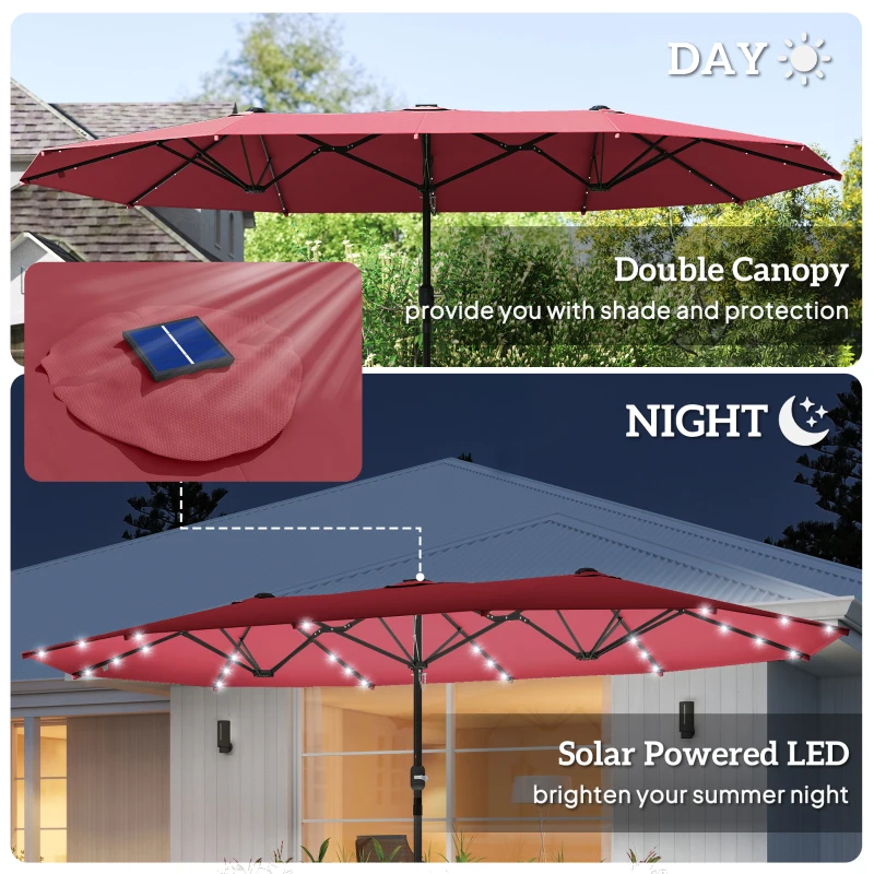 Outsunny 173.2" Double-Sided Sun Umbrella Garden Parasol Patio Sun Shade Outdoor with LED Solar Light, No Base Included, Wine Red
