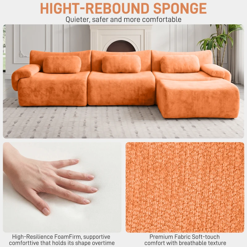 L-Shaped Compressed Sofa with High-Density Chenille Fabric and Supportive Backrests, Stylish Couch with Boneless Construction, 126"L x 68.5"W x 32"H, Orange