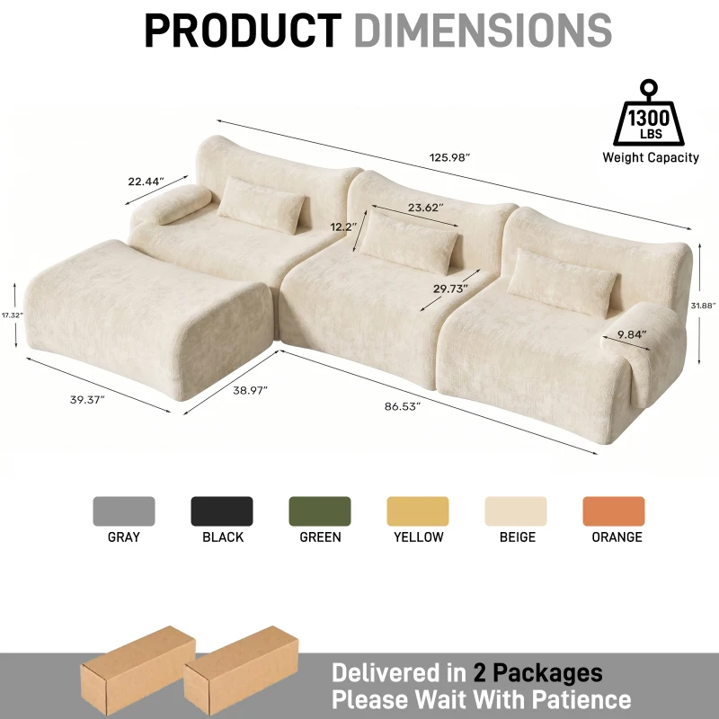 L-Shaped Compressed Sofa with High-Density Chenille Fabric and Supportive Backrests, Stylish Couch with Boneless Construction, 126"L x 68.5"W x 32"H, Beige