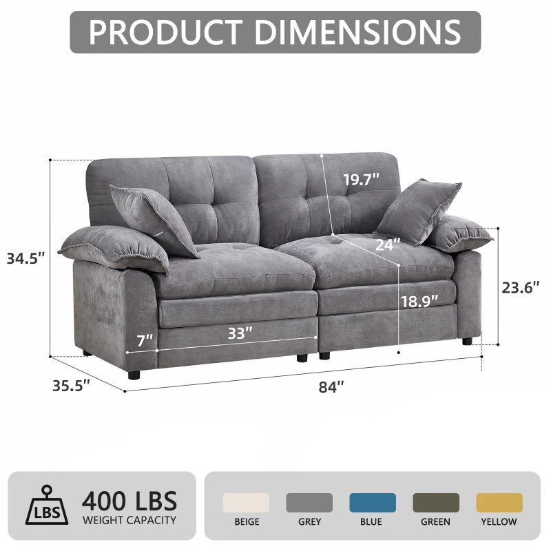 Modular Cloud Sofa with Soft Chenille Fabric, Cozy 2-Seater Couch for Apartments, Bedrooms, and Small Offices, 84"L x 35.5"W x 34.5"H, Light Gray