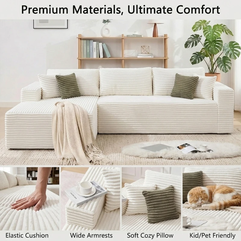 Cozy L-Shaped Compressed Sofa with 1400 lbs Weight Capacity and Cloud-Like Memory Foam, Spacious Couch for Big Families, 108"L x 68"W x 33"H, White