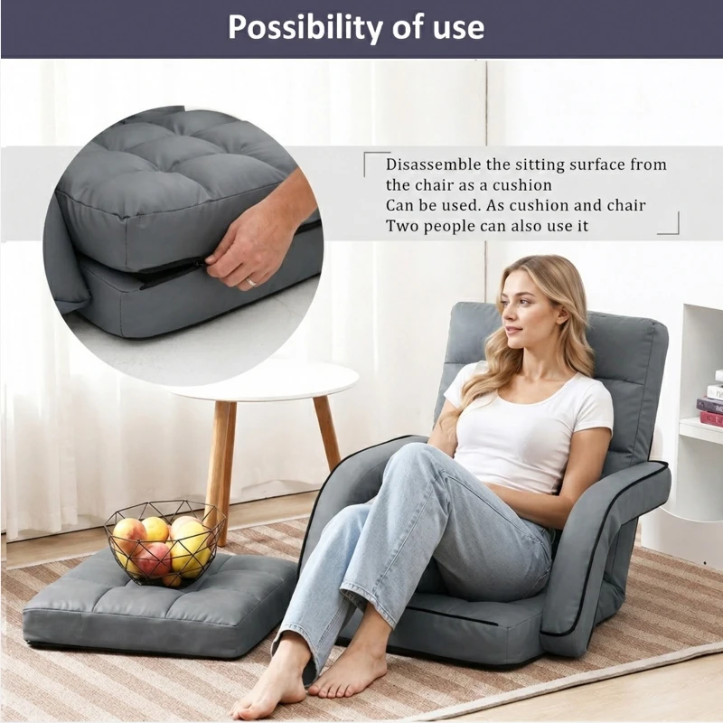 Cozy Floor Chair with 14 Adjustable Positions, Foldable Lazy Lounger for Home Offices and Gaming Rooms, 26.5"L x 22"W x 27"H, Gray