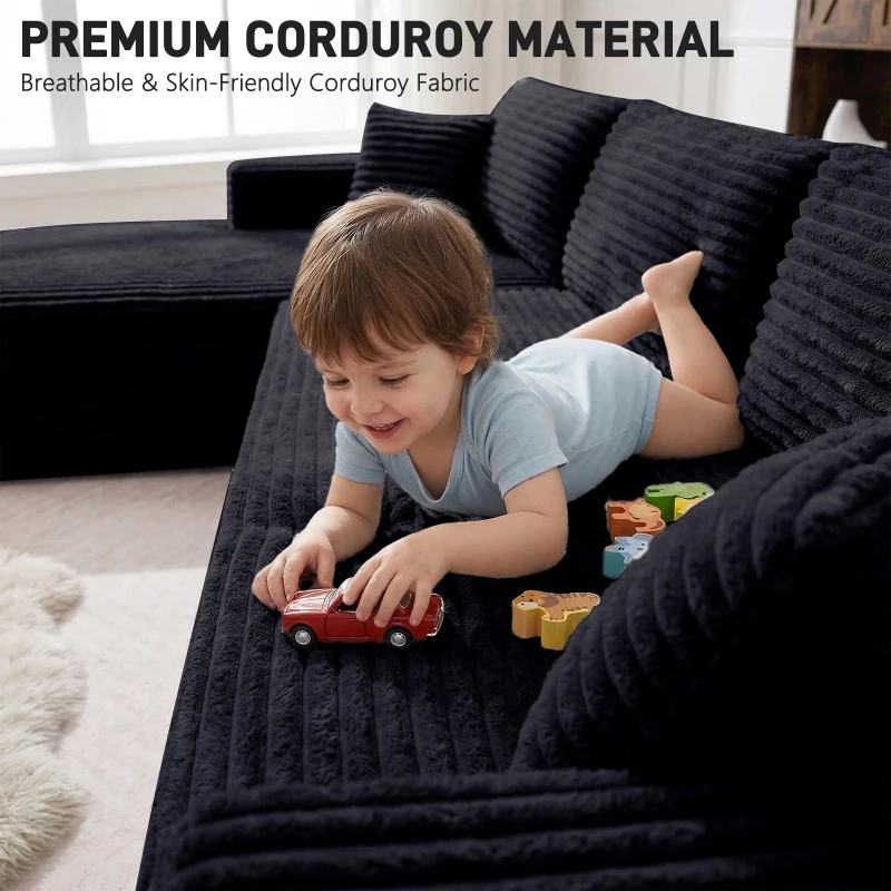 Cozy L-Shaped Compressed Sofa with 1400 lbs Weight Capacity and Cloud-Like Memory Foam, Spacious Couch for Big Families, 108"L x 68"W x 33"H, Black