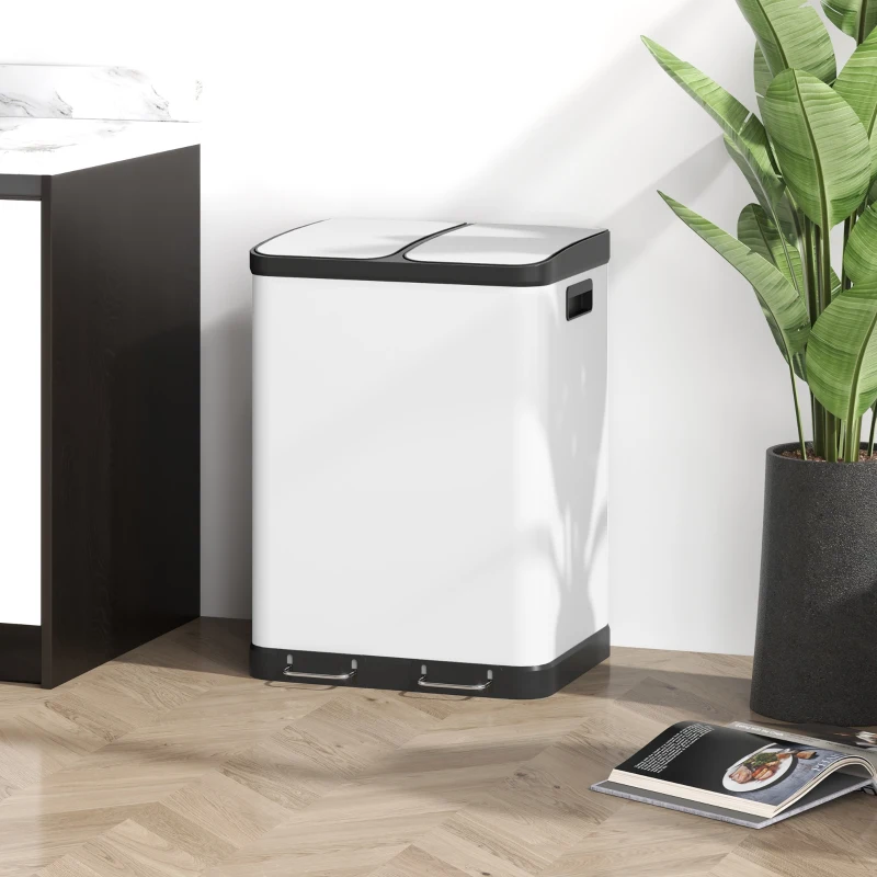 HOMCOM Kitchen Garbage Bin, 2 x 7.9 Gal (2 x 30 L) Trash Can, Soft-Close Garbage Can with Removable Inner Buckets, White