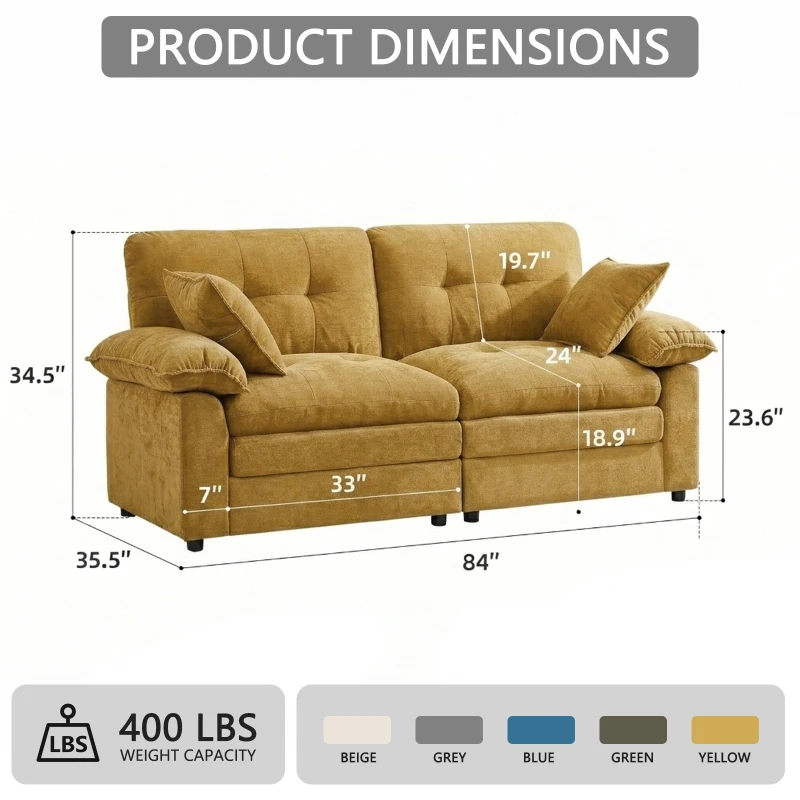 Modular Cloud Sofa with Soft Chenille Fabric, Cozy 2-Seater Couch for Apartments, Bedrooms, and Small Offices, 84"L x 35.5"W x 34.5"H, Yellow