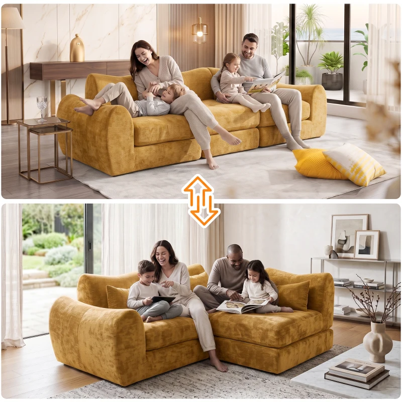 Cozy Compressed Sofa with Customizable Modular Layouts, Flexible Bed Couch for Both Compact and Spacious Spaces, 101.5"L x 36.5"W x 28.5"H, Yellow