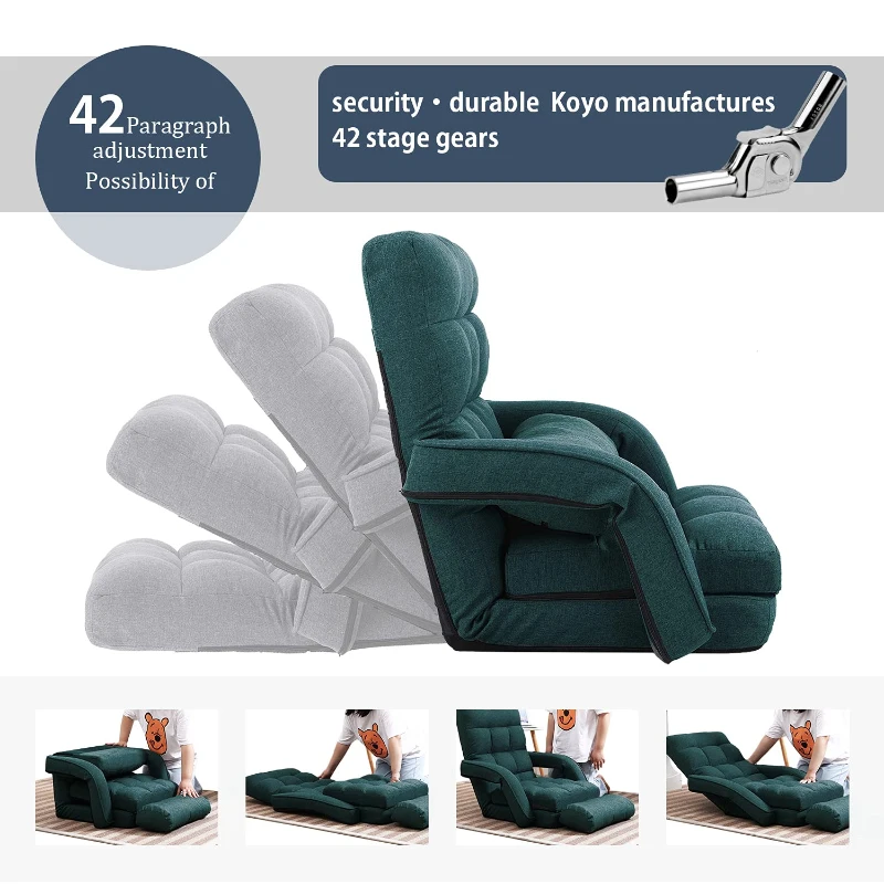 Cozy Floor Chair with 14 Adjustable Positions, Foldable Lazy Lounger for Home Offices and Gaming Rooms, 26.5"L x 22"W x 27"H, Green