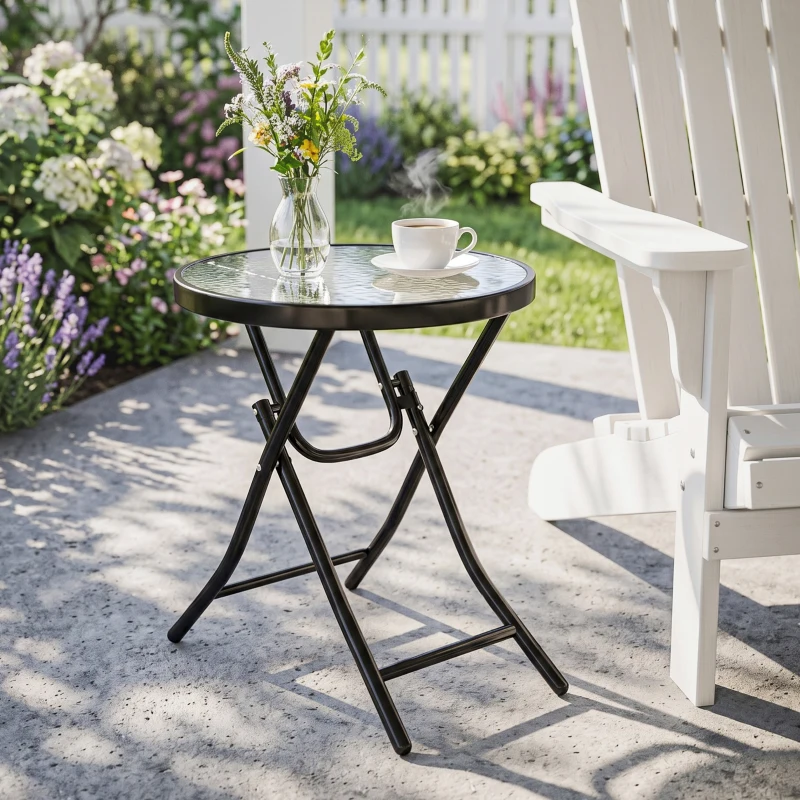 Outsunny Φ18" Round Patio Table, Folding Coffee Table with Tempered Glass Tabletop for Patio, Balcony, Backyard