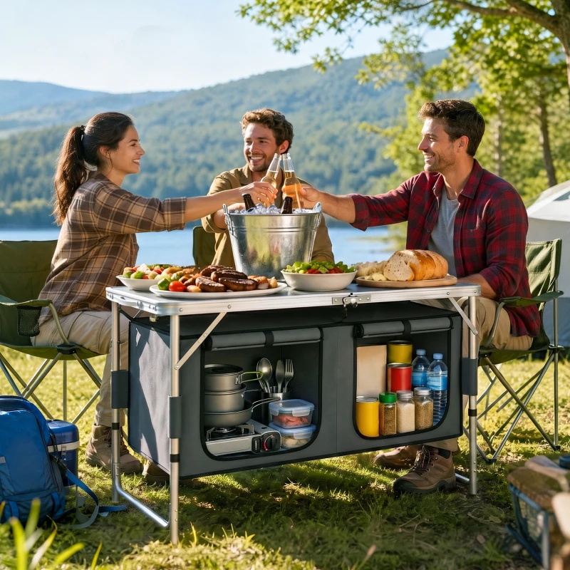 Outsunny Outdoor Aluminum Folding Picnic Table Height Adjustable with Storage Organizer BBQ Camping