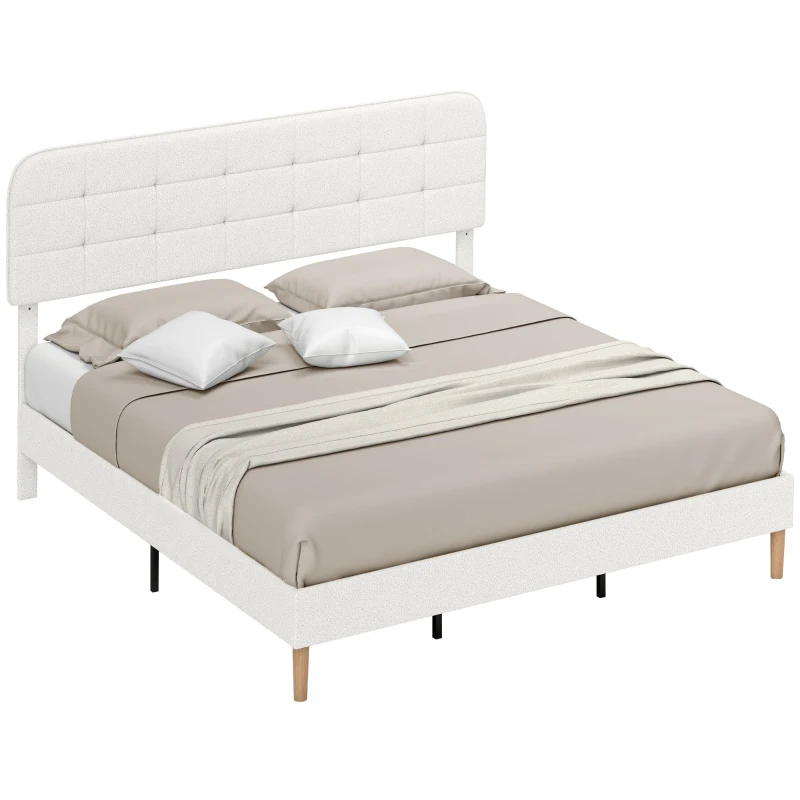 HOMCOM King Size Bed Frame with Adjustable Headboard Upholstered Platform Bed Frame with Wood Slat Support Noise Free White
