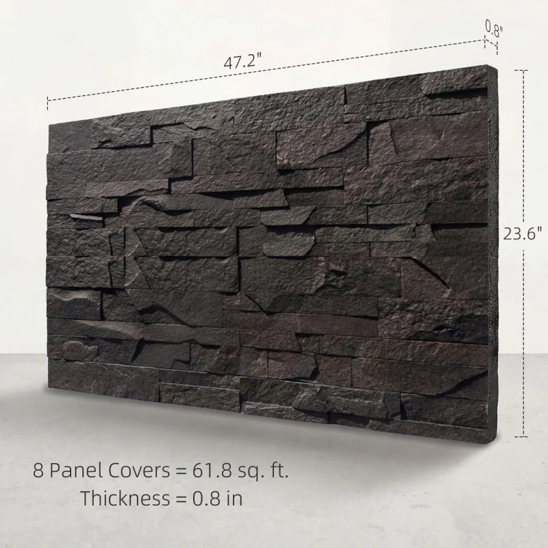 HOMCOM 8-Pack 3D Faux Stone Wall Panels, Lightweight Polyurethane Panels for Interior and Exterior Accent Walls, Black