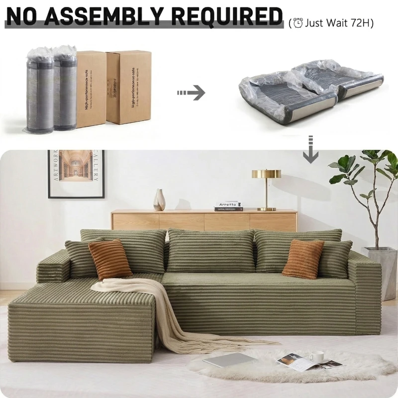 Cozy L-Shaped Compressed Sofa with 1400 lbs Weight Capacity and Cloud-Like Memory Foam, Spacious Couch for Big Families, 108"L x 68"W x 33"H, Green