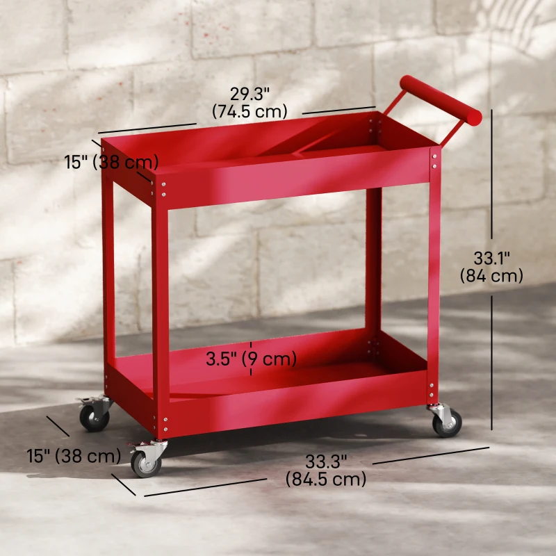 DURHAND Rolling Tool Cart, 2 Tier Mobile Service Utility Cart with Wheels, Red