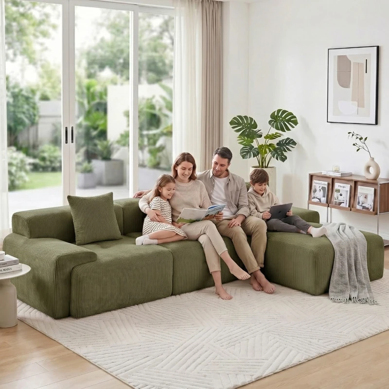 Modern Modular Compressed Sofa with Movable Ottoman, Memory-Foam Corner Couch for Apartments and Bedrooms, 118"L x 39.5"W x 29.5"H, Green