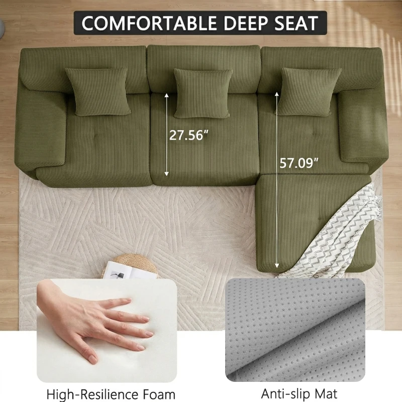 Modern Modular Compressed Sofa with Movable Ottoman, Memory-Foam Corner Couch for Apartments and Bedrooms, 118"L x 39.5"W x 29.5"H, Green