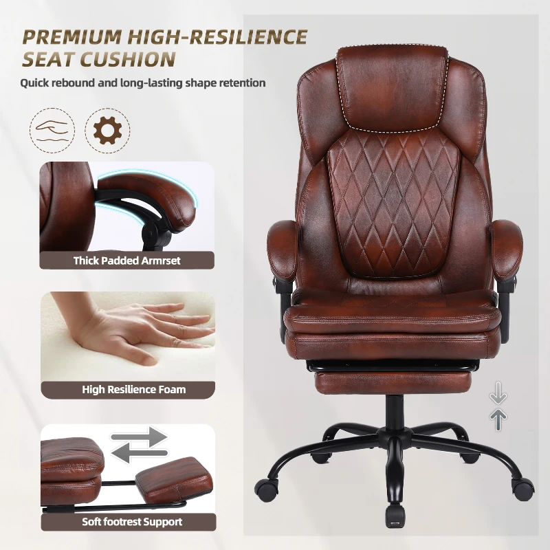 Solid Office Chair with Retractable Footrest and Ergonomic Support, Cozy Executive Seat for Home, Office, or Gaming, 28.5"L x 29"W x 50.5"H, Brown