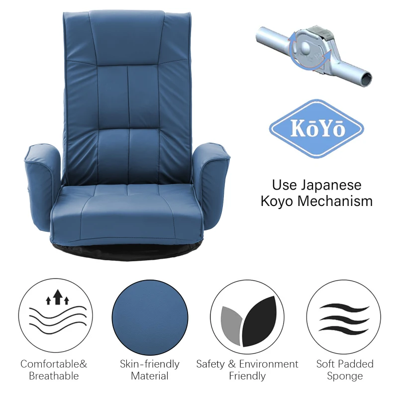 14-Angle Swivel Floor Chair with Foldable Design and Breatherable Faux Leather, Ideal Sofa Bed for Ovrnight Guests, 29"L x 19.5"W x 30.5"H, Blue