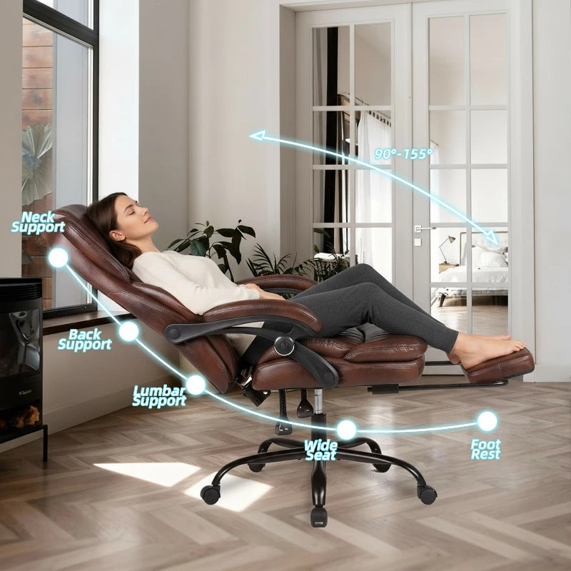 Solid Office Chair with Retractable Footrest and Ergonomic Support, Cozy Executive Seat for Home, Office, or Gaming, 28.5"L x 29"W x 50.5"H, Brown