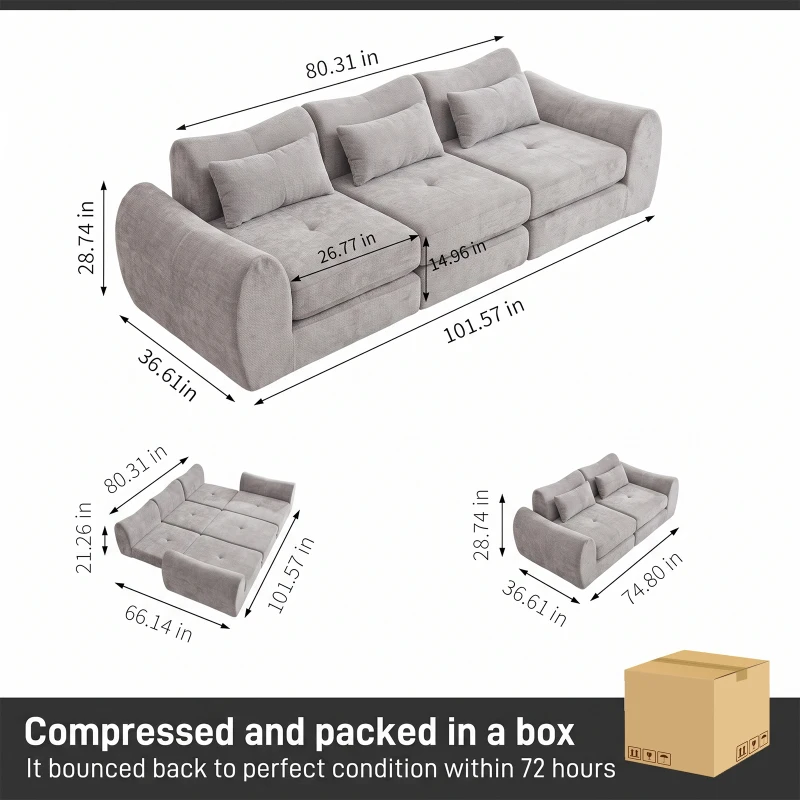 Cozy Compressed Sofa with Customizable Modular Layouts, Flexible Bed Couch for Both Compact and Spacious Spaces, 101.5"L x 36.5"W x 28.5"H, Gray