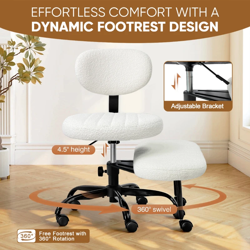 Ergonomic Cross-Legged Meditation Chair with Lumbar Support, Swivel Executive Office Desk Stool for Home Offices, 27" L x 35" W x 36.5" H, White