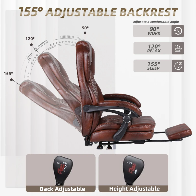 Solid Office Chair with Retractable Footrest and Ergonomic Support, Cozy Executive Seat for Home, Office, or Gaming, 28.5"L x 29"W x 50.5"H, Brown